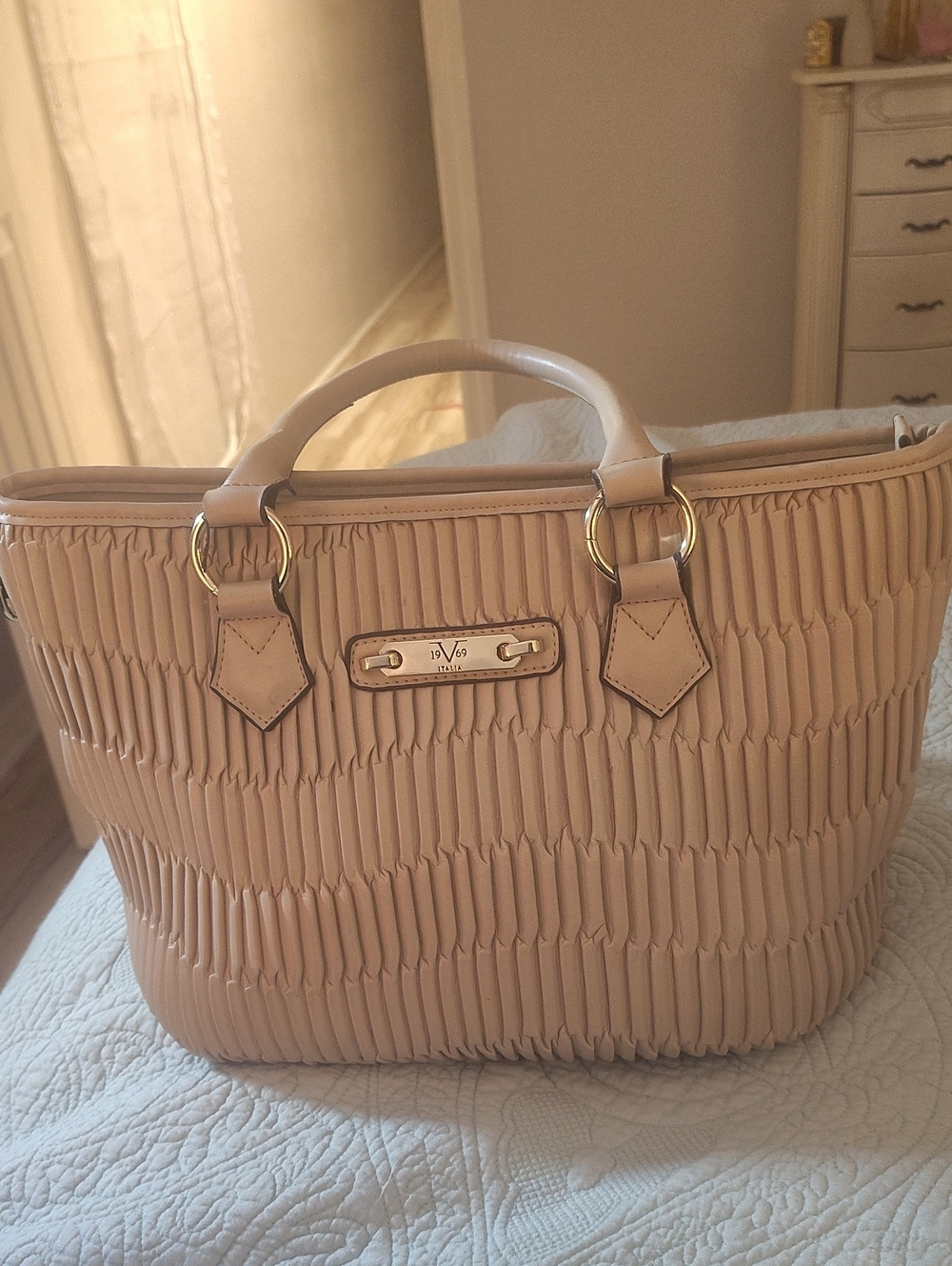 Versace 1969 Tan Ruched Vegan Leather Tote with Gold Hardware